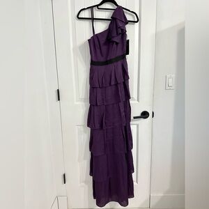 NWT BCBGMAXAZRIA Purple Satin One-Shoulder Tiered Maxi Dress